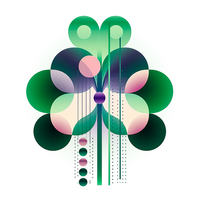 Illustration of green and purple flower mandala made of lines and circles.