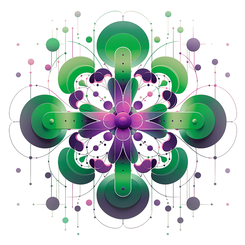 Illustration of green and purple flower mandala made of lines and circles.