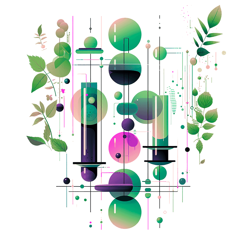 Illustration of green and purple laboratory test tubes and plants among lines and circles.